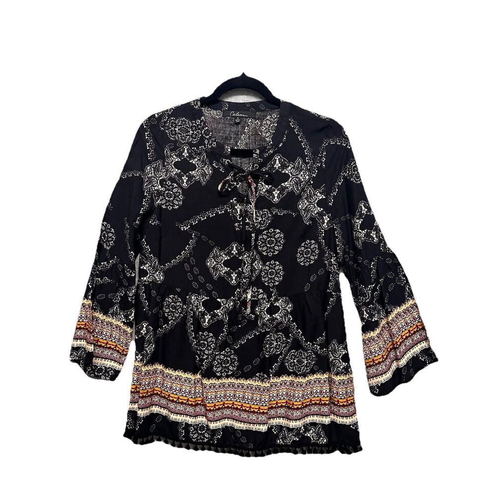Calessa Paisley Print Tunic Top Blouse S Boho Pom Pom Hem Flare‎ Sleeve V Neck